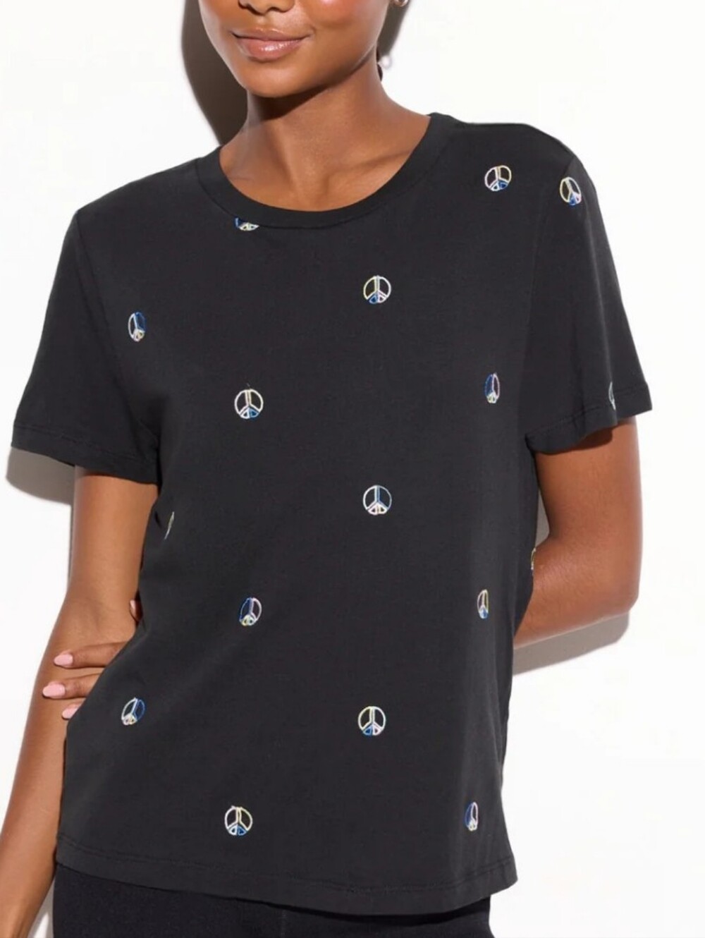 Spiritual Gangster Short Sleeve Tee with Multicolor Embroidered Peace Signs